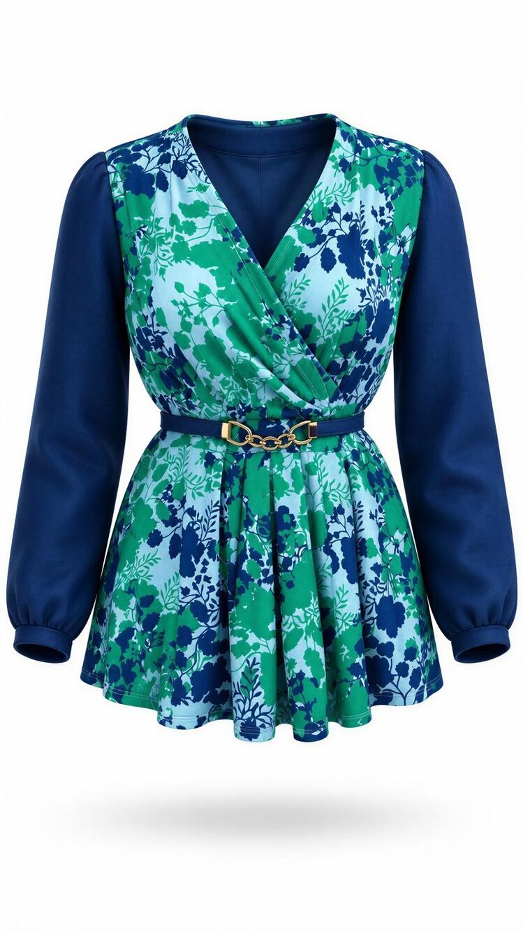 Jaclyn Smith Floral Surplice Wrap Blouse Womens Medium Blue Green V-Neck Belted